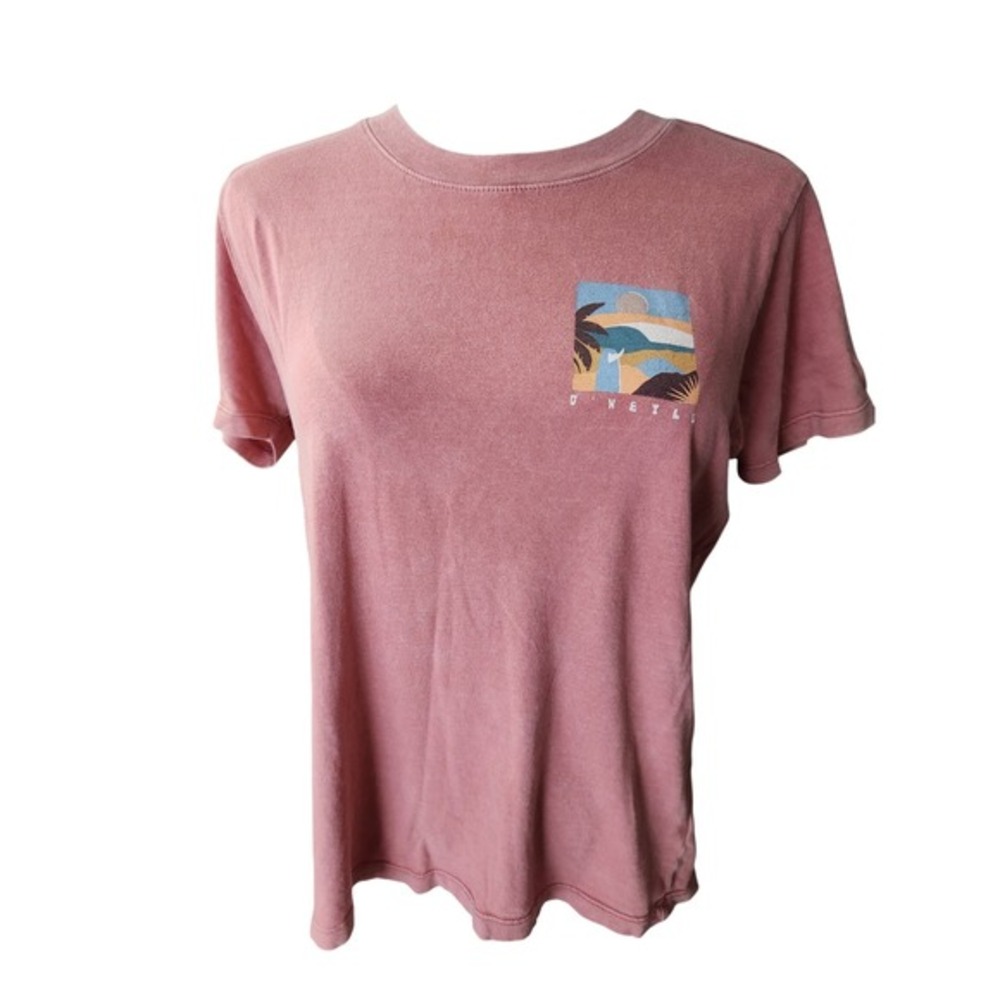 ONeill Womens Small Coral Pink Surf Graphic T-Shirt Beach Palm Tree Print
